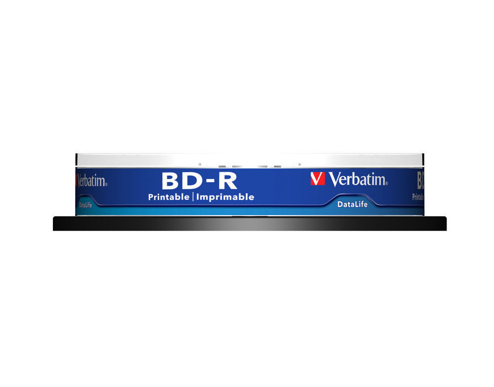 Eine Verbatim BD-R-Disc-Hülle, blau und weiß, mit Markennamen und Produktinformationen.