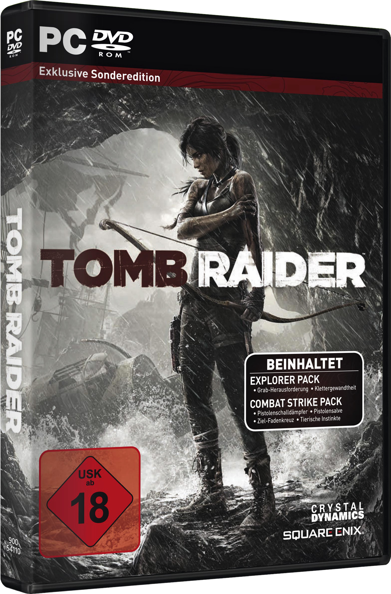 Tomb Raider PC-Spielcover, das eine Frau mit Bogen in felsiger Umgebung zeigt.