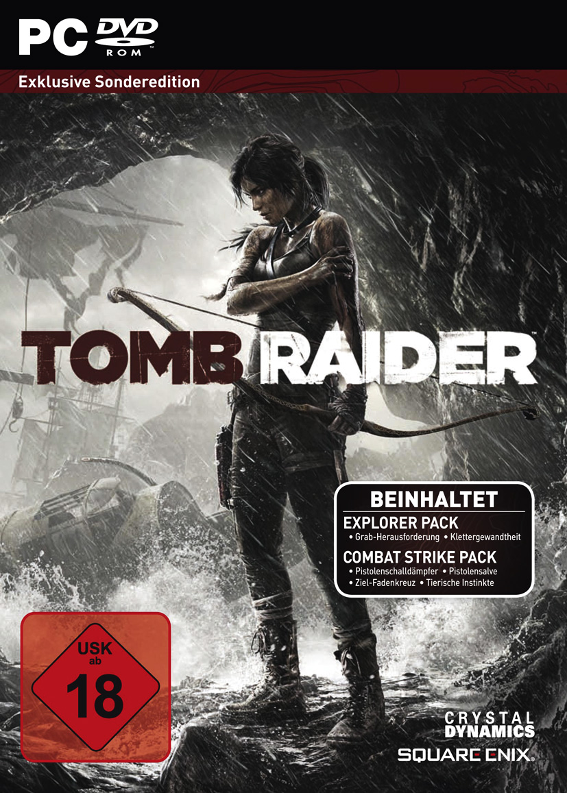 Tomb Raider DVD-Cover mit Frau in Aktion. Dunkler, stürmischer Hintergrund.