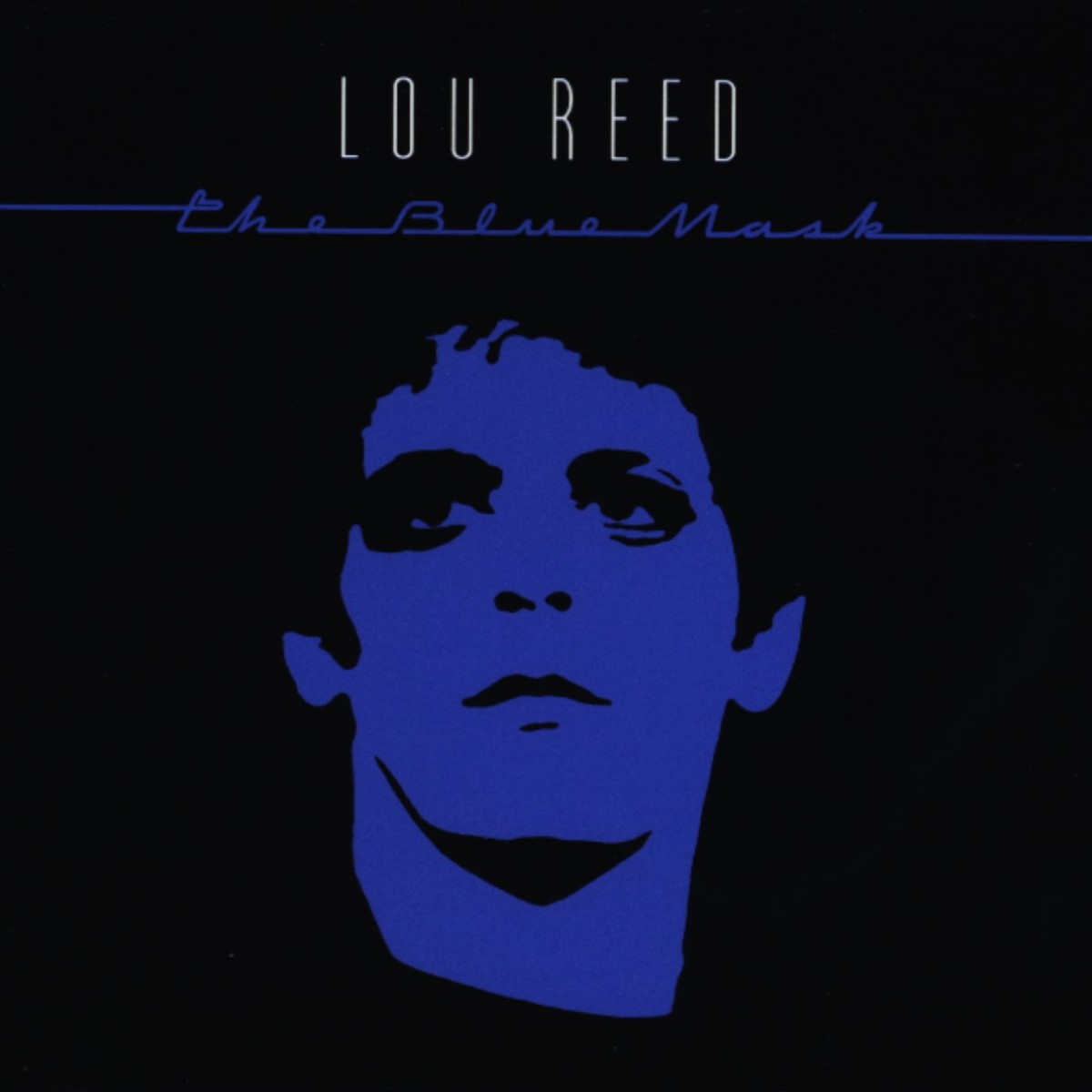 Albumcover: Lou Reed, blaues Gesicht auf schwarzem Hintergrund. Titel: The Blue Mask.