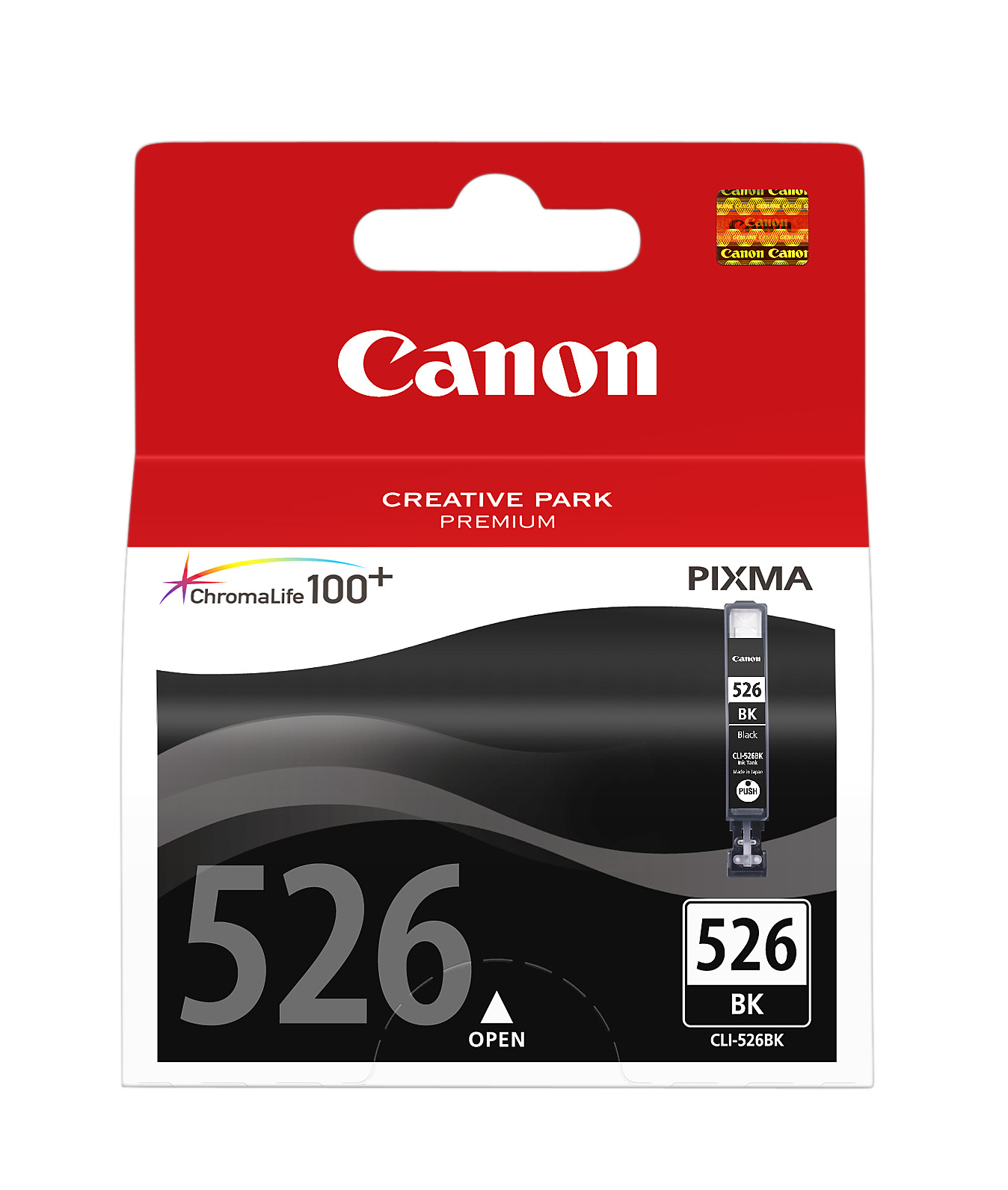Boîte de cartouches d'encre Canon. Dessus rouge, détails noirs et blancs.