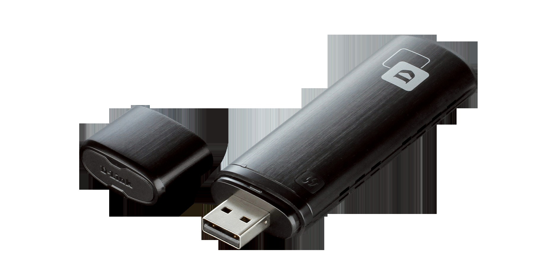 Een zwarte D-Link USB-modemstick zonder dop, tegen een vage achtergrond.