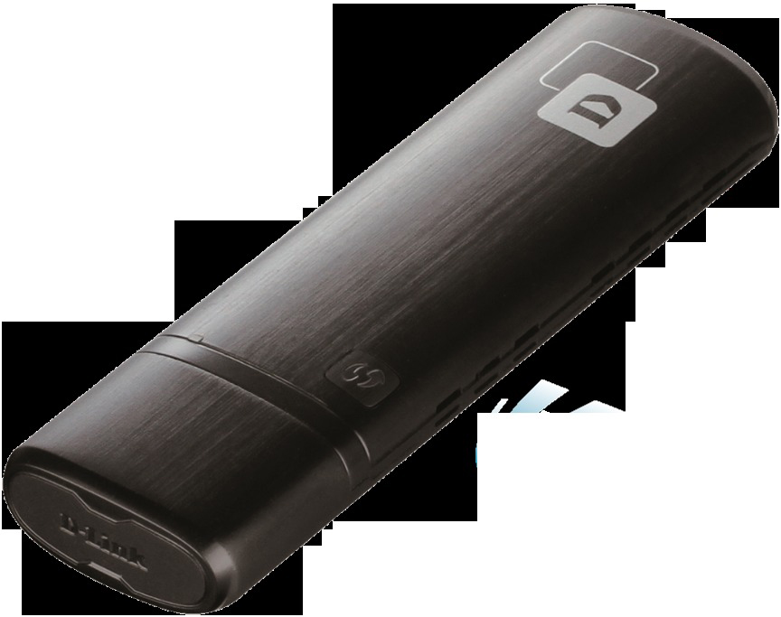 Een zwarte draagbare harde schijf met het D-Link-logo, geïsoleerd op een zwarte achtergrond.