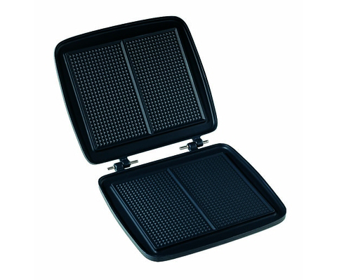 Black waffle iron, open, showing two square cooking surfaces with grid patterns.