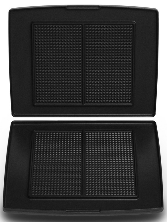 Two black plastic trays with textured surfaces, one open, one closed, with a diamond pattern.