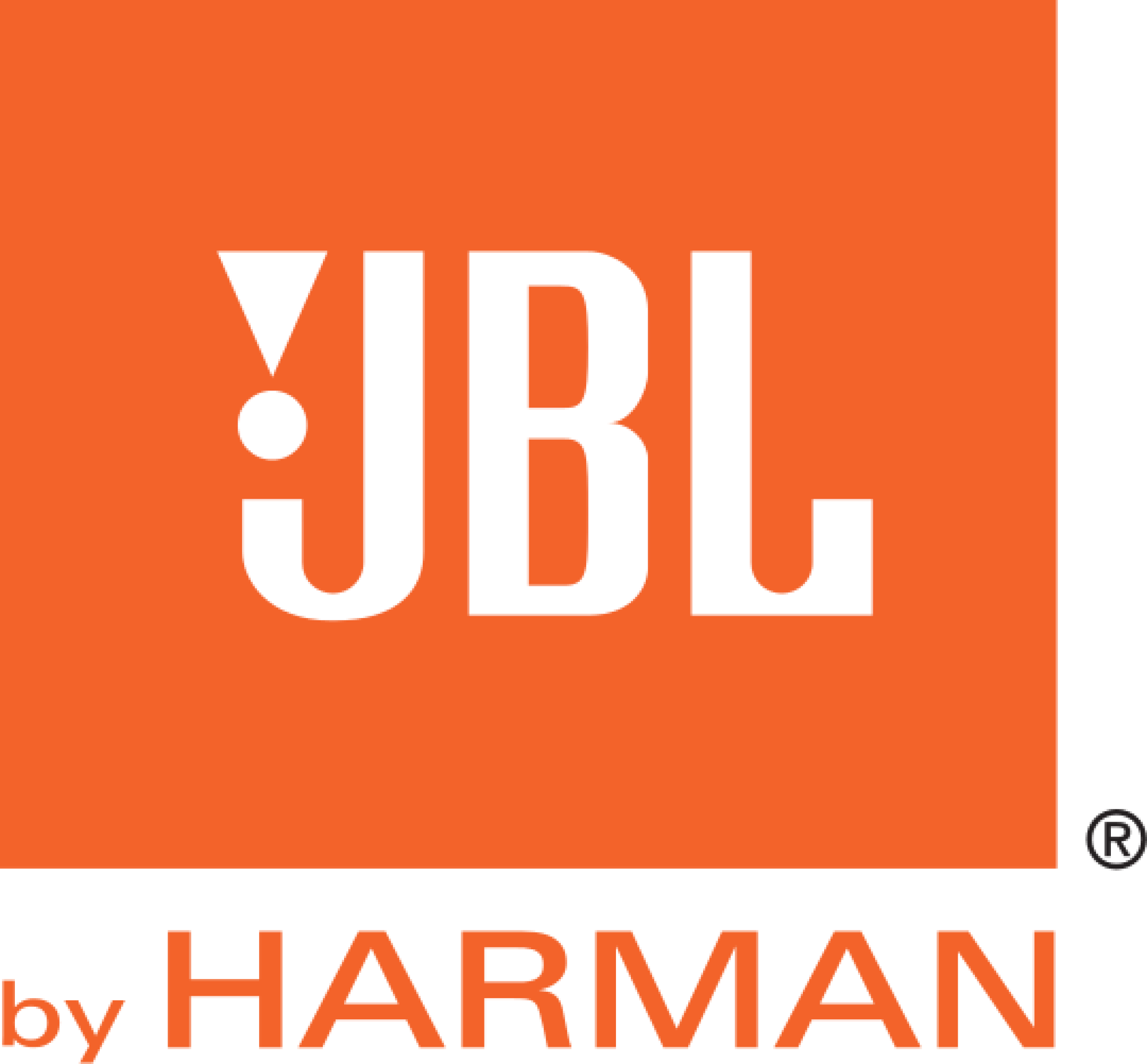 JBL logosu: Turuncu zeminde beyaz harfler. Altta, siyah zemin üzerinde turuncu 'by HARMAN'.