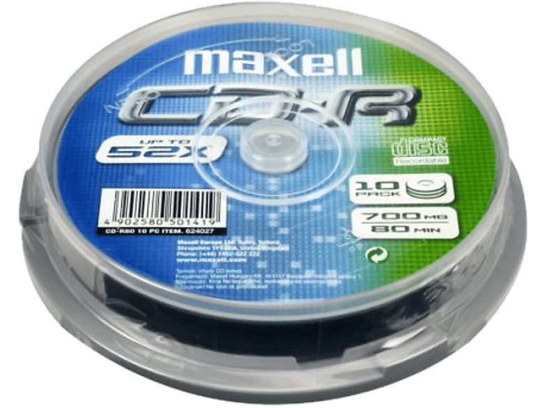 MAXELL CD-R lemez 700 MB 52x, 10db hengeren (624027.00.CN)