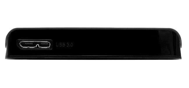 Fekete elektronikus eszköz USB 3.0 porttal az oldalán, fehér háttér.