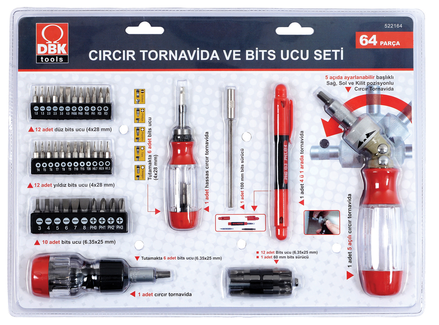 DBK Cırcır Tornavida Bits Uç Seti 64 Parça 522164 Fiyat & Özellik