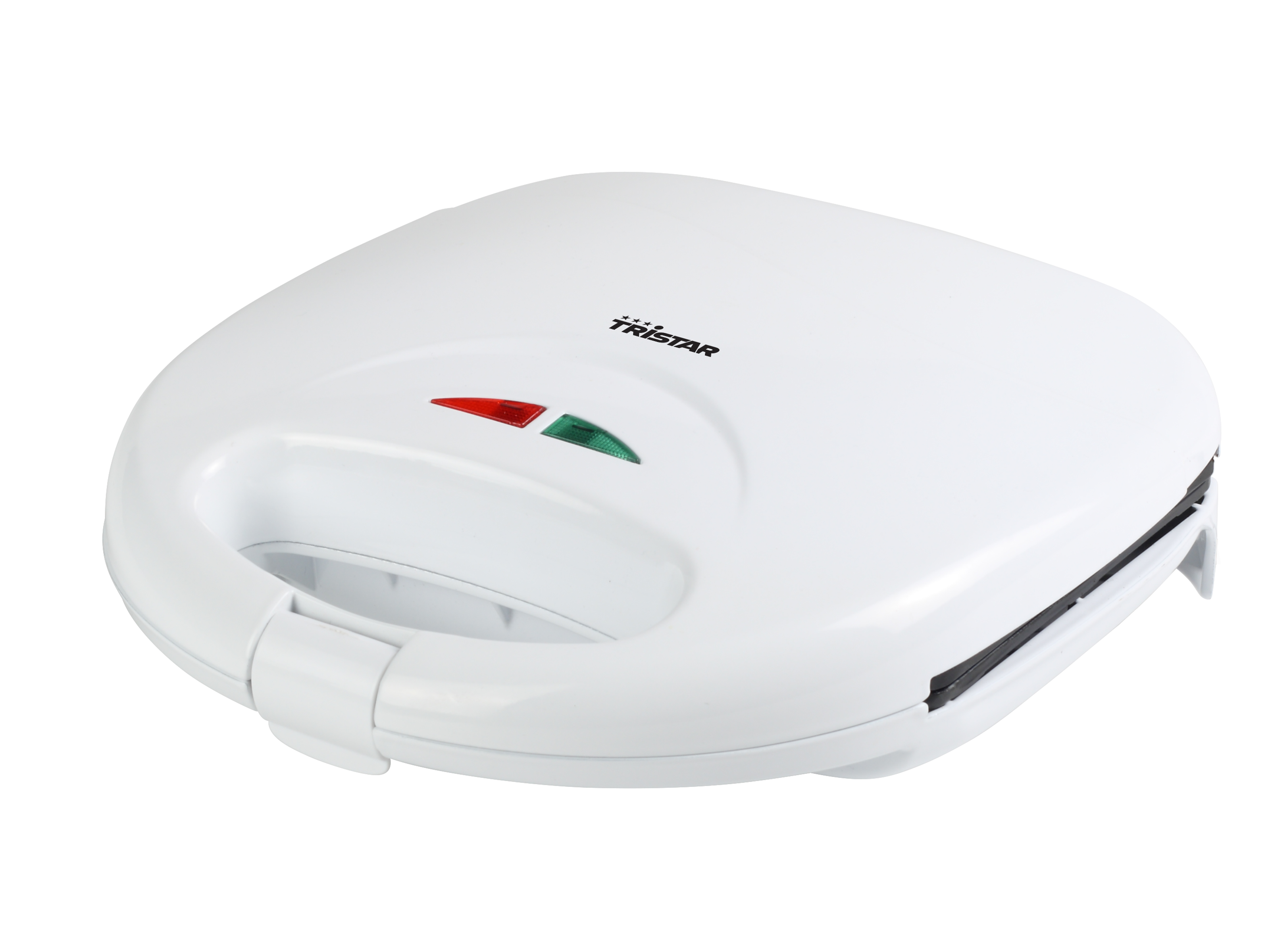A white sandwich maker. It has red and green indicator lights.