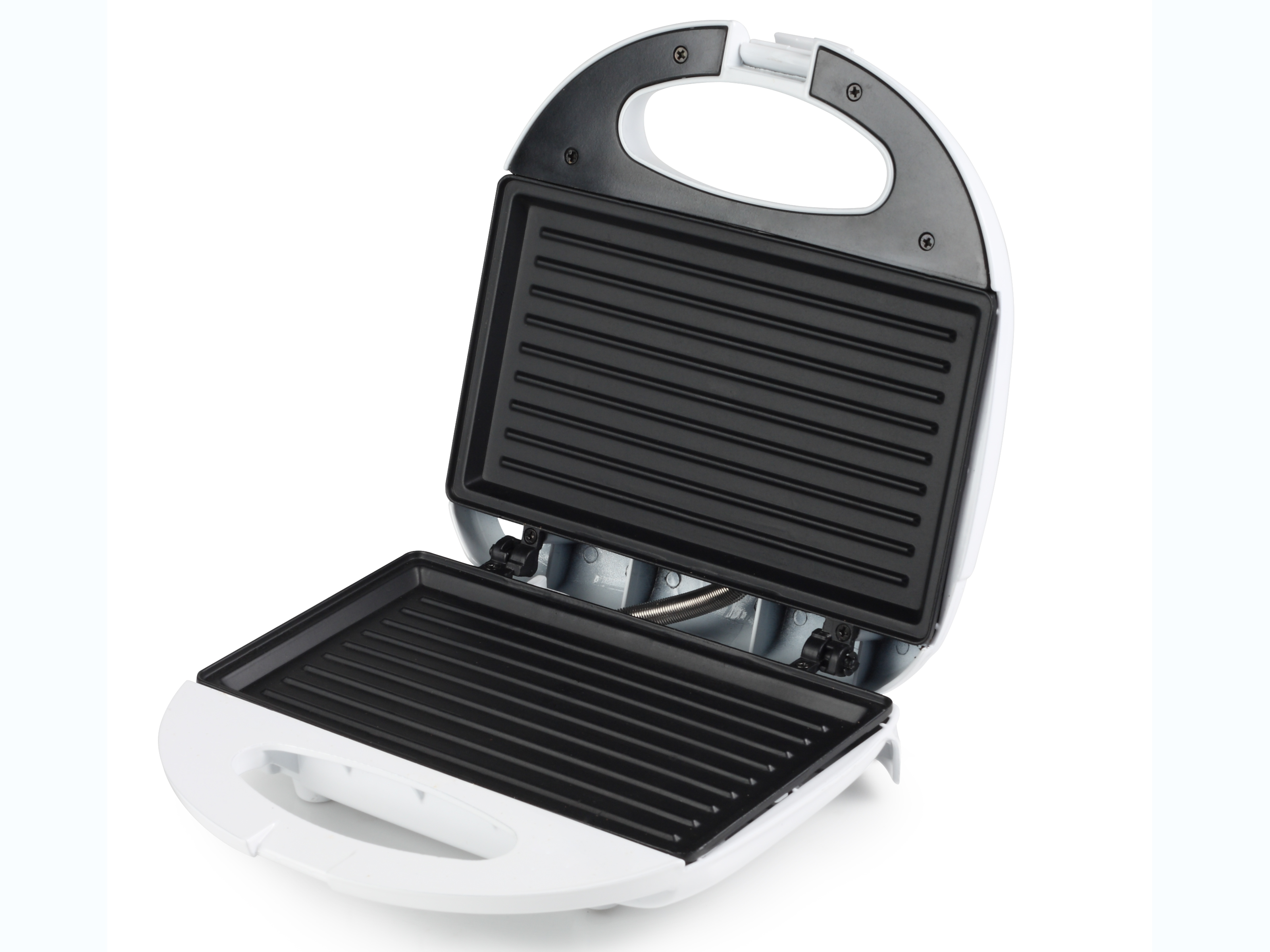 Open sandwich grill, white with black grill plates.