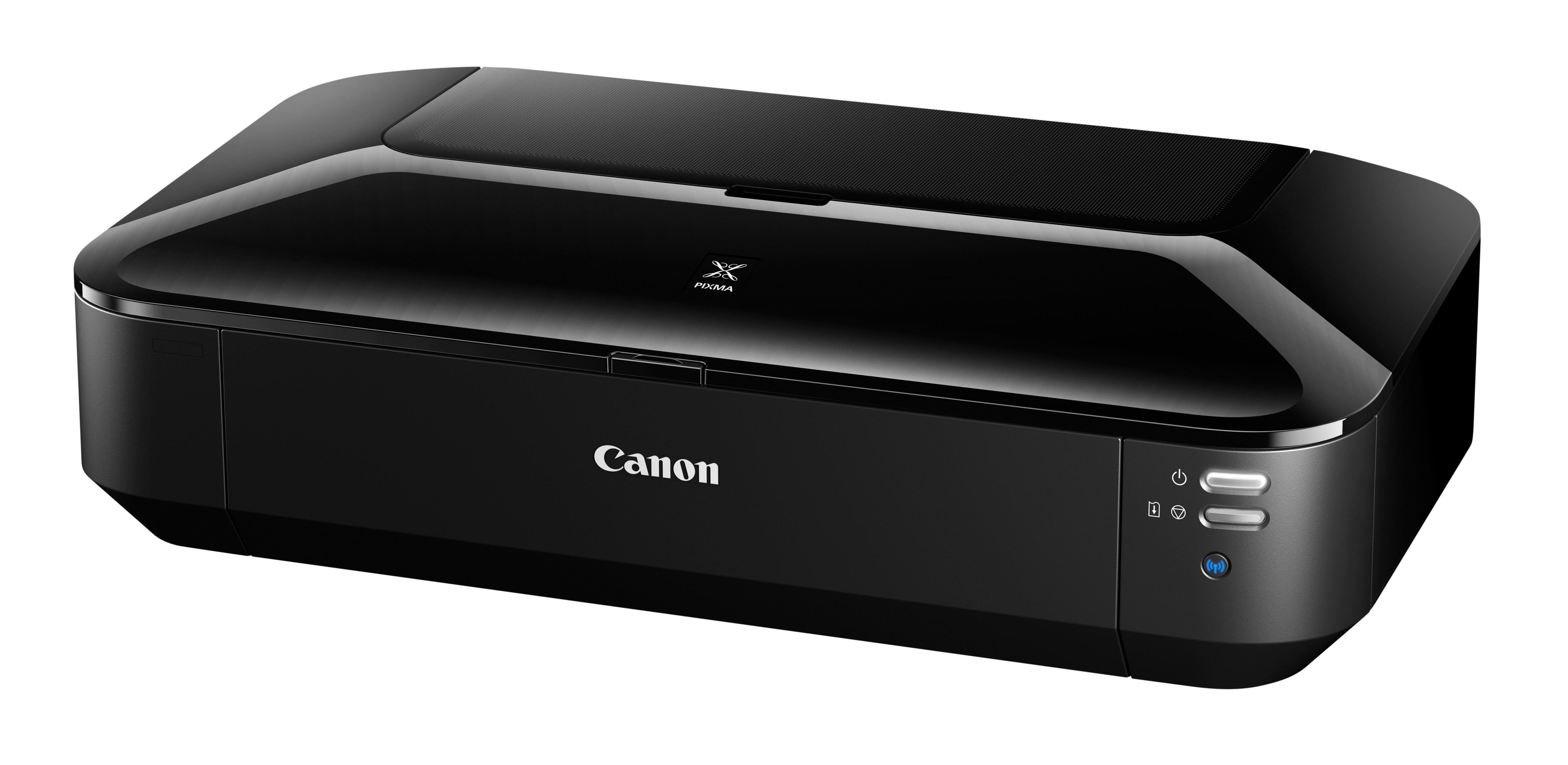 Black Canon printer on a white background. The printer is glossy and has the Canon logo.
