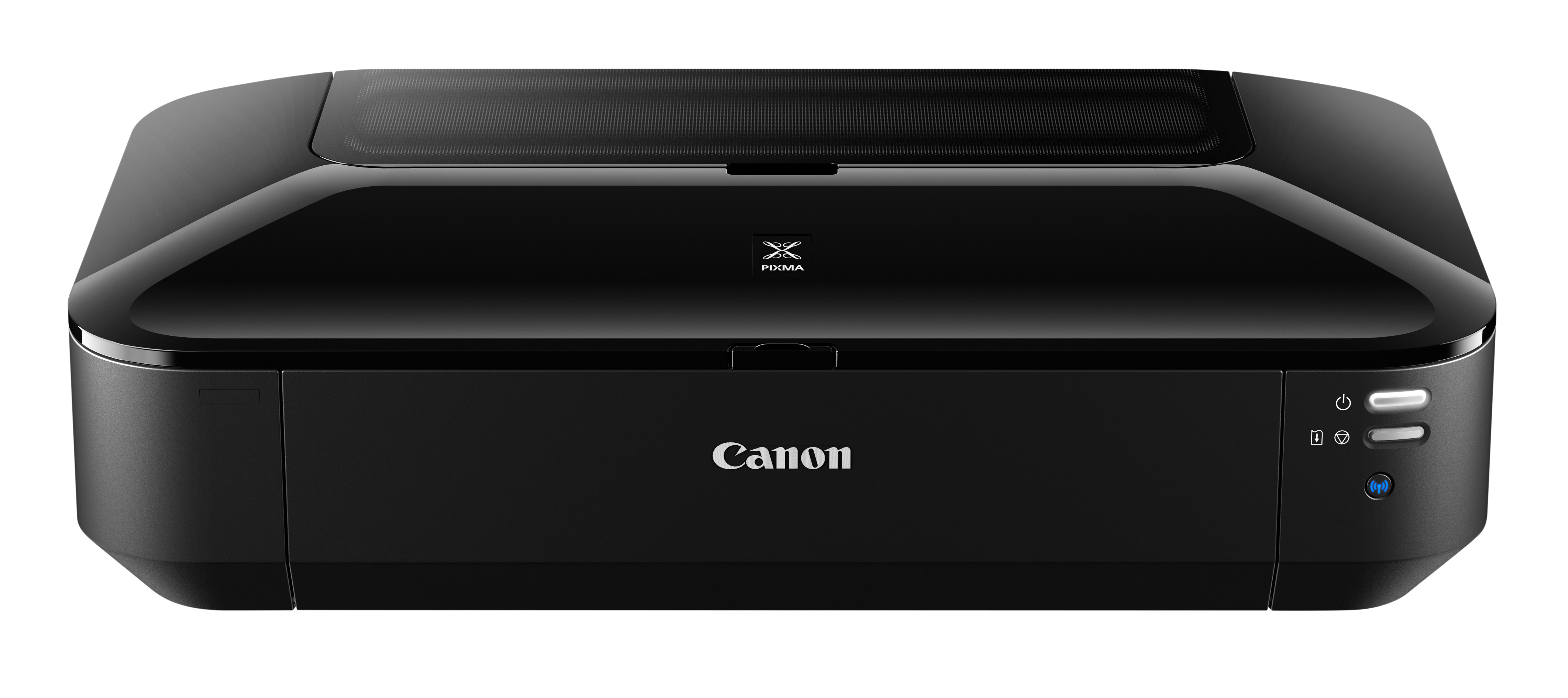 Black Canon printer. Front view with the logo, power and WiFi indicators, and a top lid.