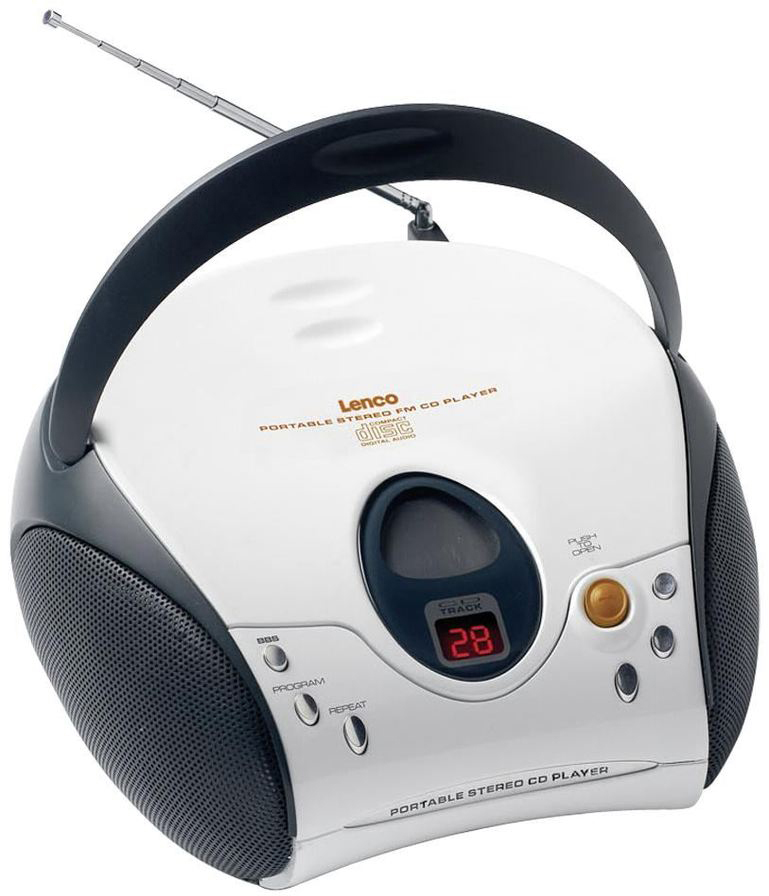 Weiß-grauer tragbarer CD-Player mit Griff und Antenne.