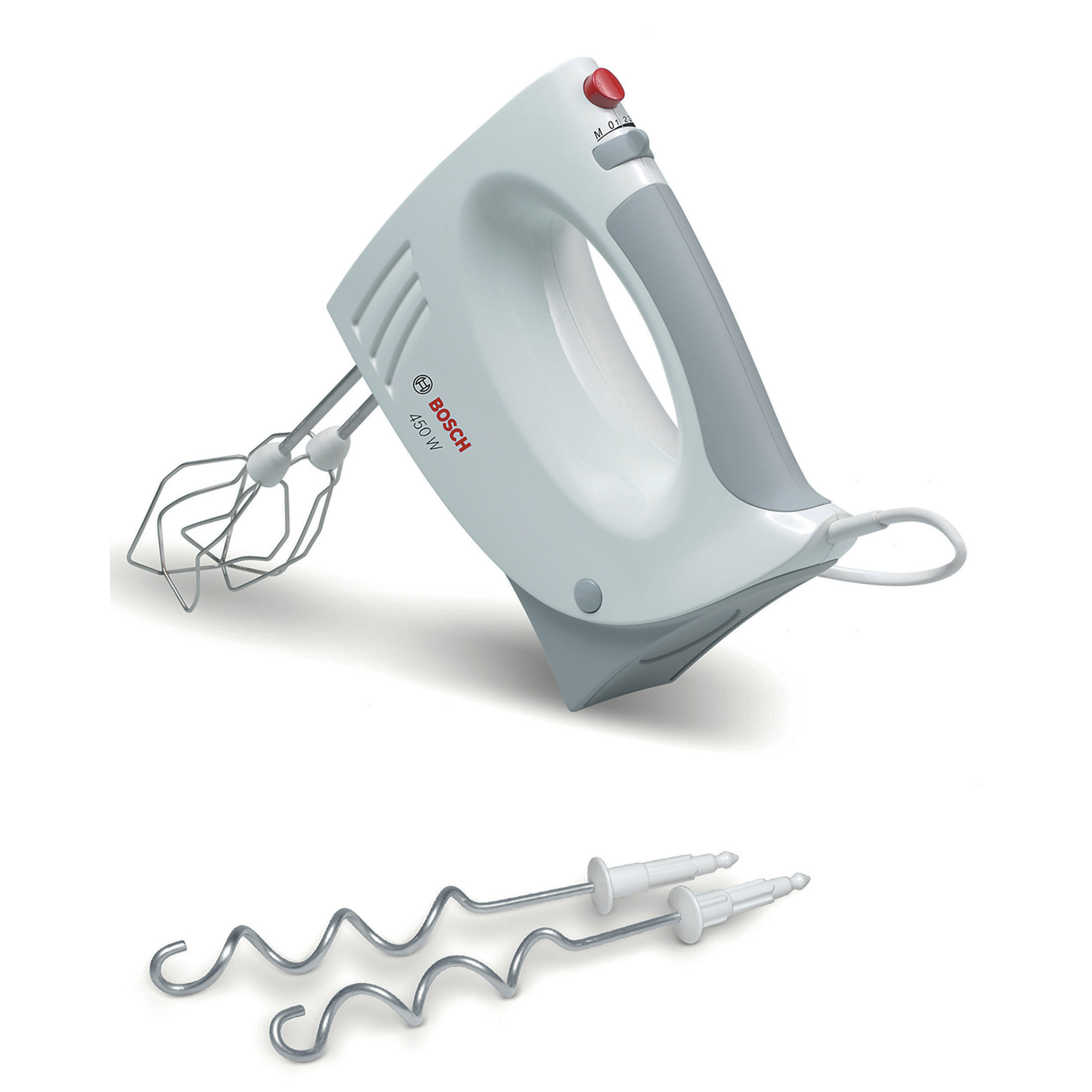 Ein weißer und grauer Bosch-Handmixer mit einem silbernen Schlagbesenaufsatz auf weißem Hintergrund.