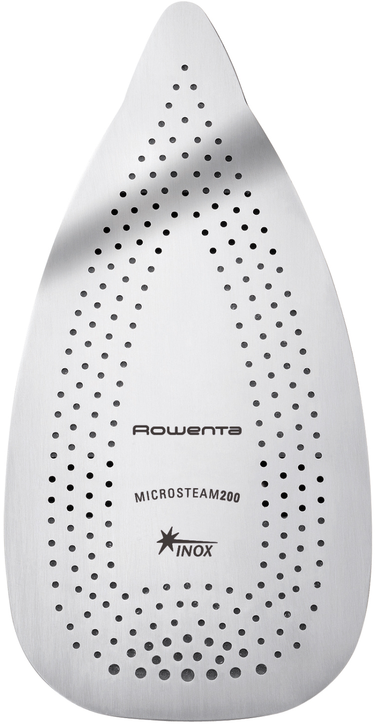 Silberne Bügeleisenbasis mit vielen Löchern und 'Rowenta Microsteam 200' darauf geschrieben.