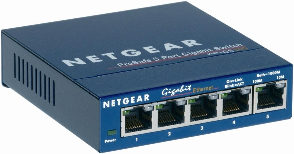 Ein Netgear ProSafe 5-Port Gigabit-Switch, ein kleines, blaues, rechteckiges Gerät mit Anschlüssen.