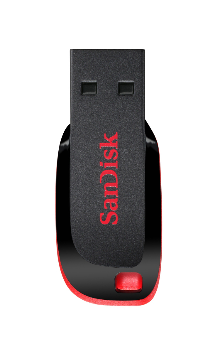 Ein schwarzer und roter SanDisk USB-Stick. Das SanDisk-Logo ist rot.