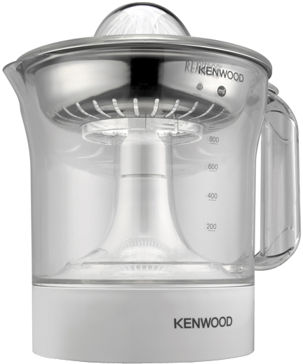 Ein Kenwood Zitruspresse, weiß und klar, zeigt interne Komponenten.