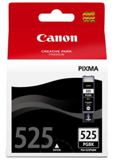 Canon Druckerpatronenverpackung, mit einer schwarzen Tintenpatrone sichtbar.