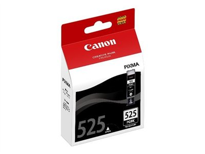 Canon Pixma Tintenpatronenbox, rot und weiß, mit abgebildeter schwarzer Tintenpatrone.