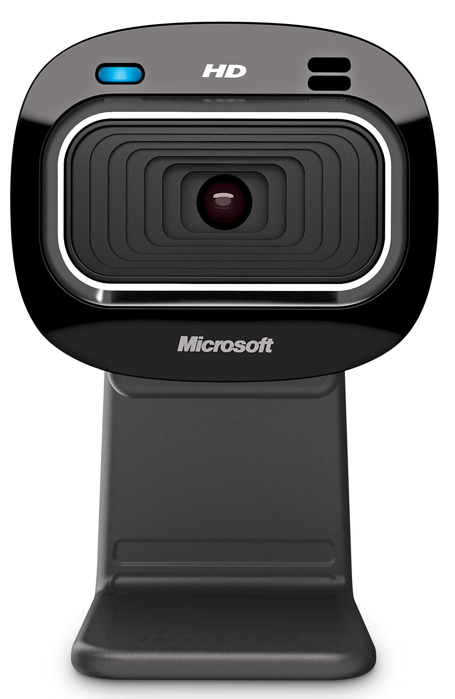 Schwarze Microsoft-Webcam mit HD-Aufschrift, auf Weiß.
