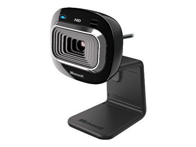 Webcam schwarz mit Ständer, Linse und Microsoft-Logo.