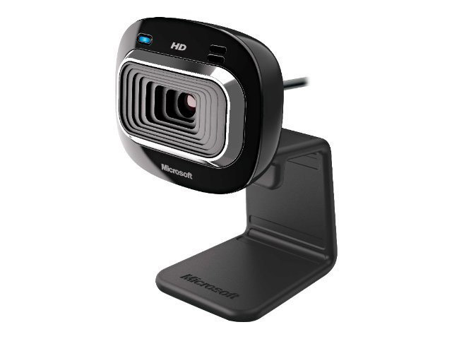 Schwarze Microsoft-Webcam auf einem Ständer. Verfügt über ein Objektiv und ein blaues Licht.