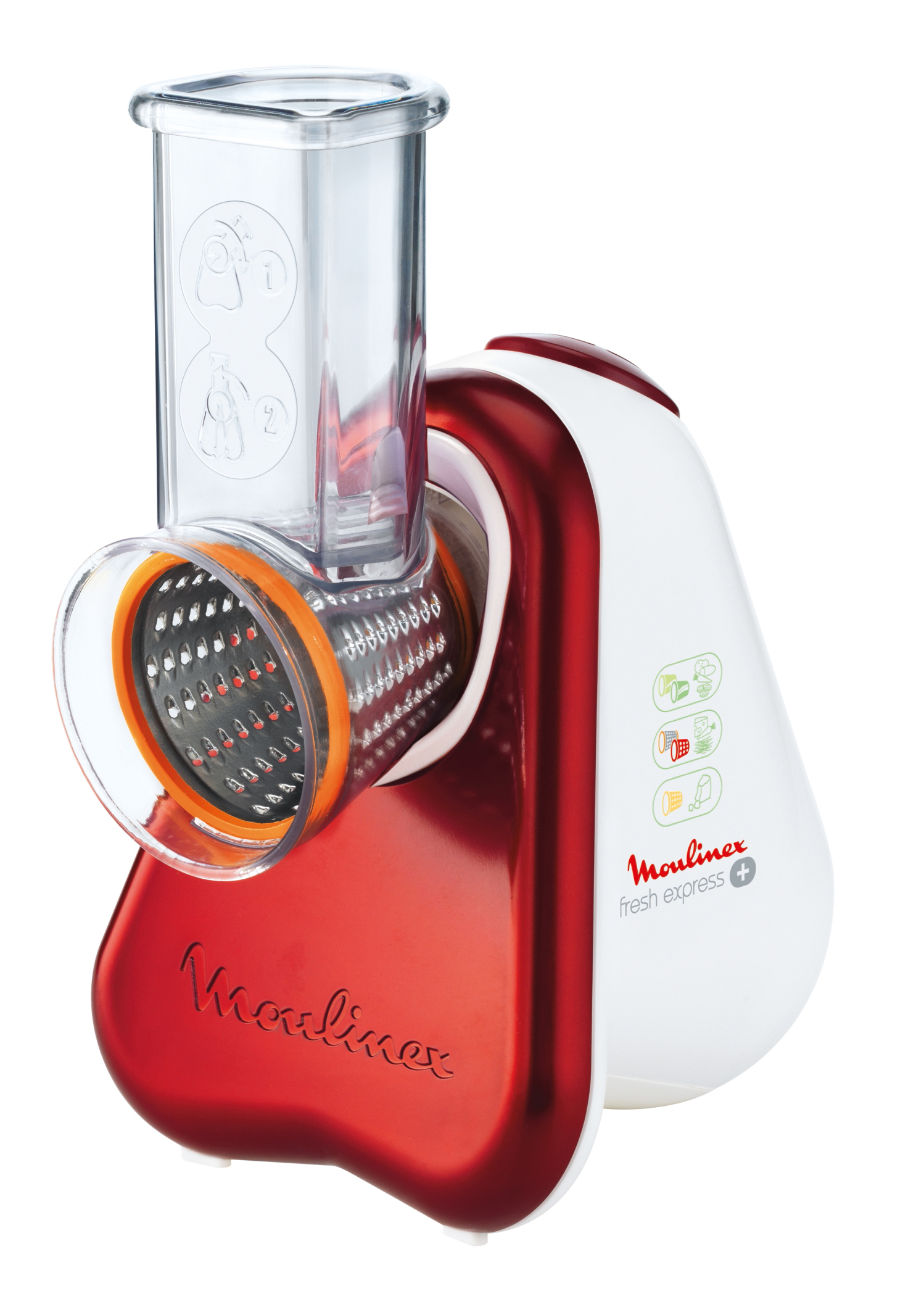 Ein rot-weißer Moulinex Fresh Express + Küchenmaschine. Es hat ein transparentes Kunststoff-Zuführrohr.