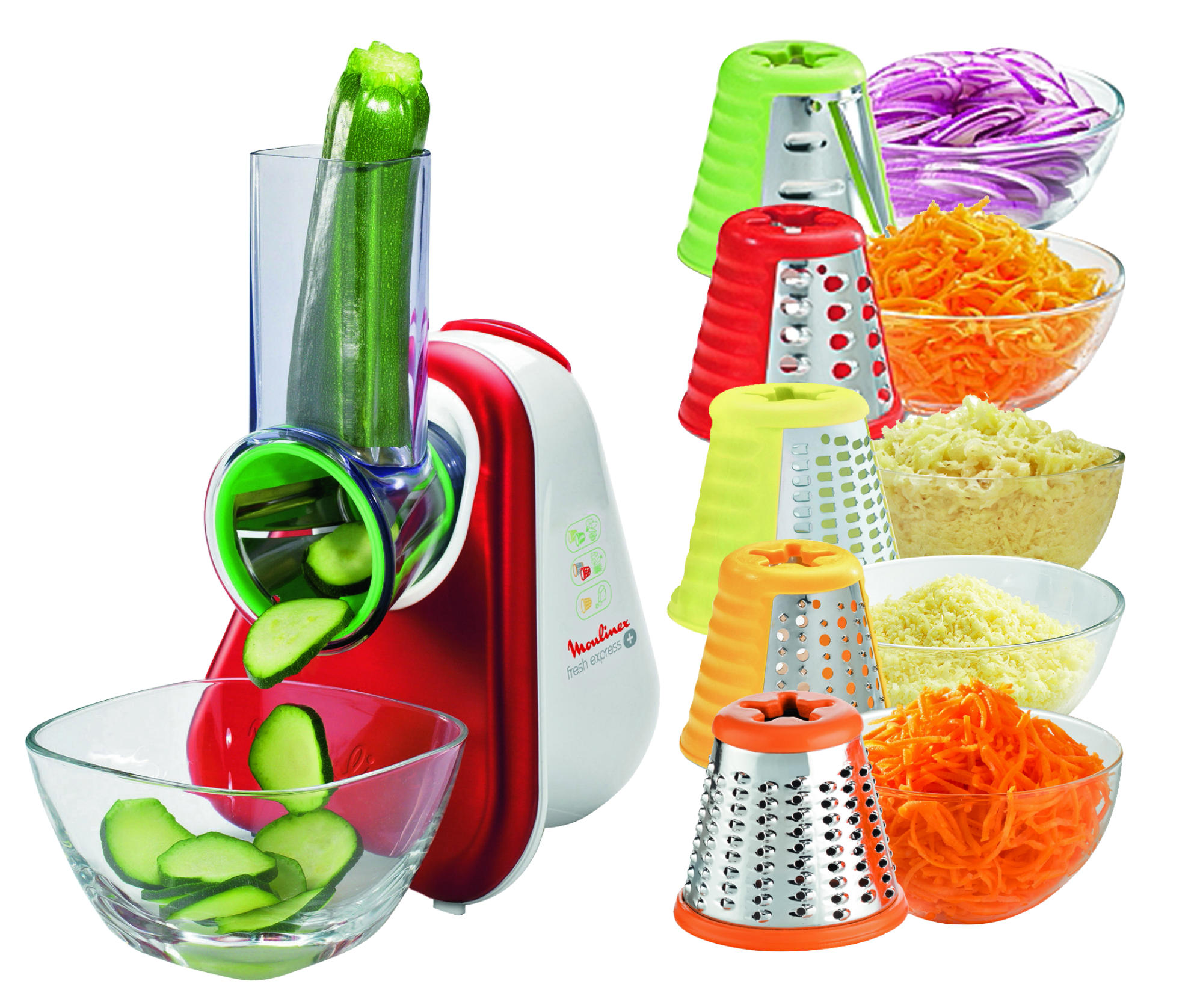 Ein Foodprocessor mit verschiedenen Aufsätzen und Schalen mit geschnittenem Gemüse.