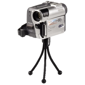 Silver camcorder on a mini tripod. The camcorder is facing the viewer. White background.