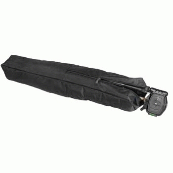 Black tripod in a black carrying case, on a white background. The tripod head is visible.