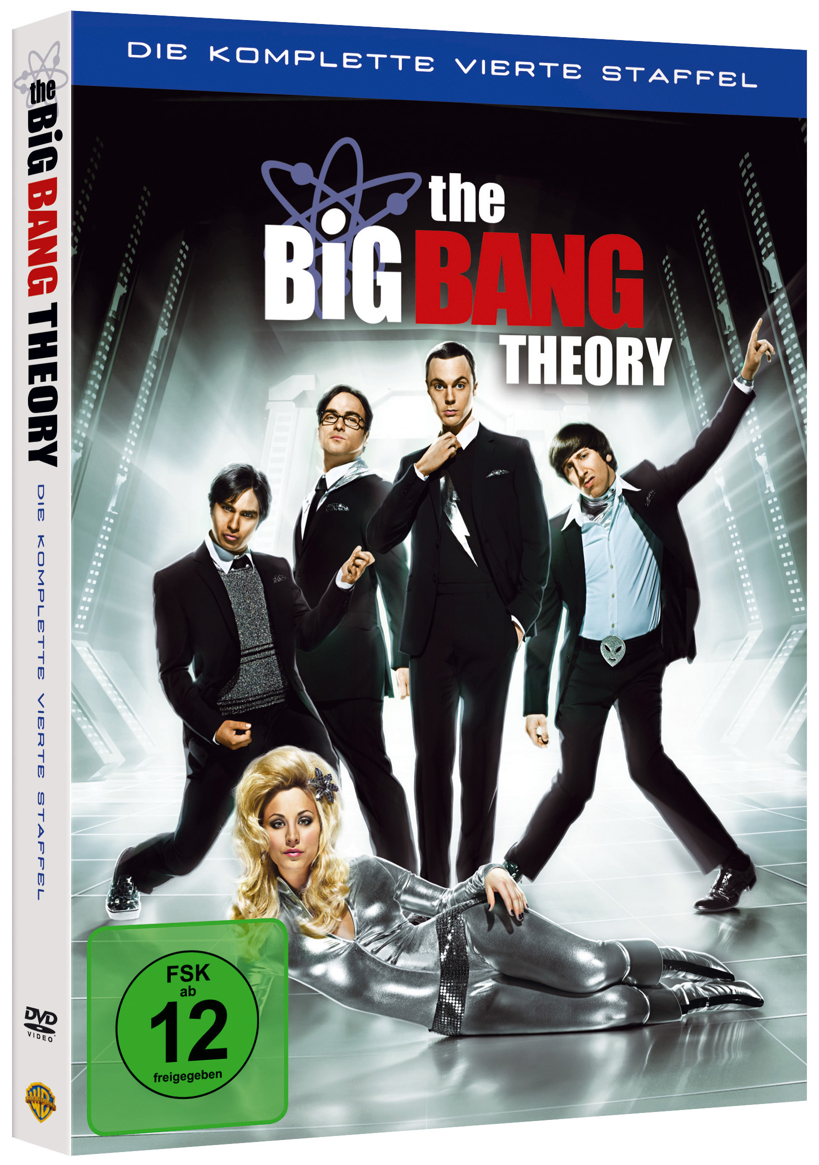DVD-Cover von 'The Big Bang Theory'. Schauspieler posieren. Blonde Frau unten, silbernes Kleid.