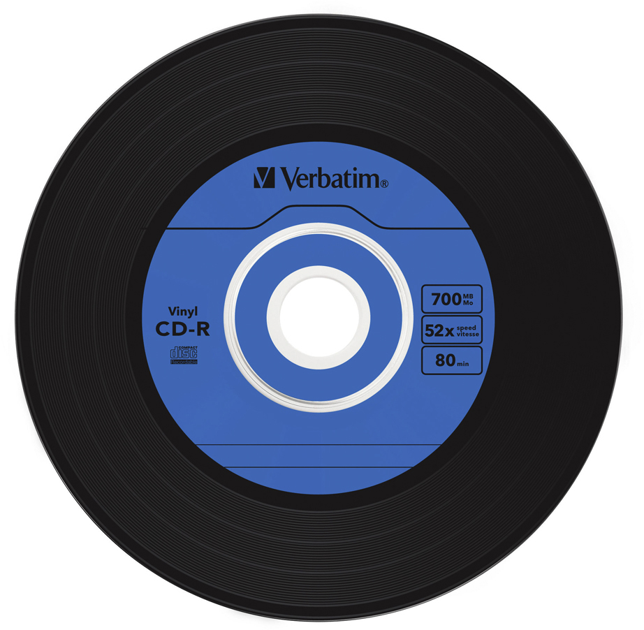 Vinyl CD-R-Disc mit blauem Label, schwarzem Rand und Verbatim-Logo.