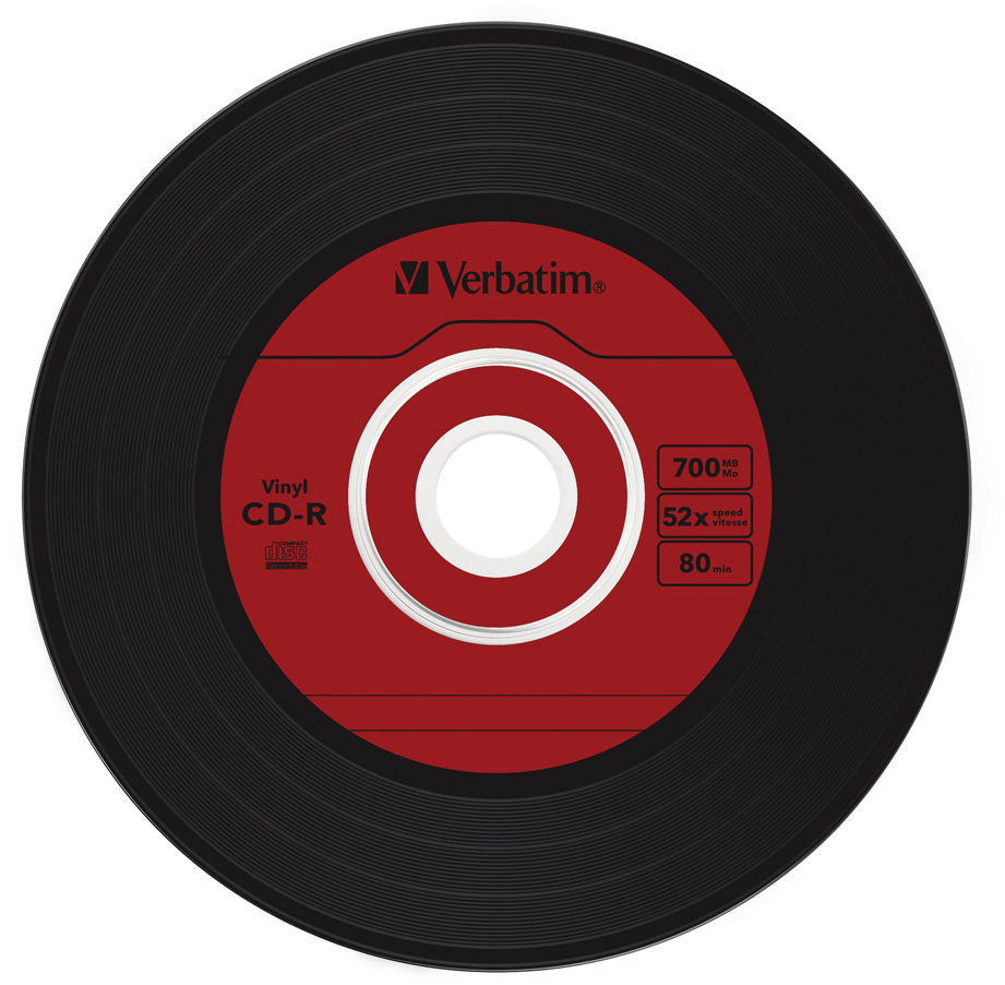 Schwarze Vinyl-CD-R mit rotem Etikett, Branding und Informationen zur Disc.