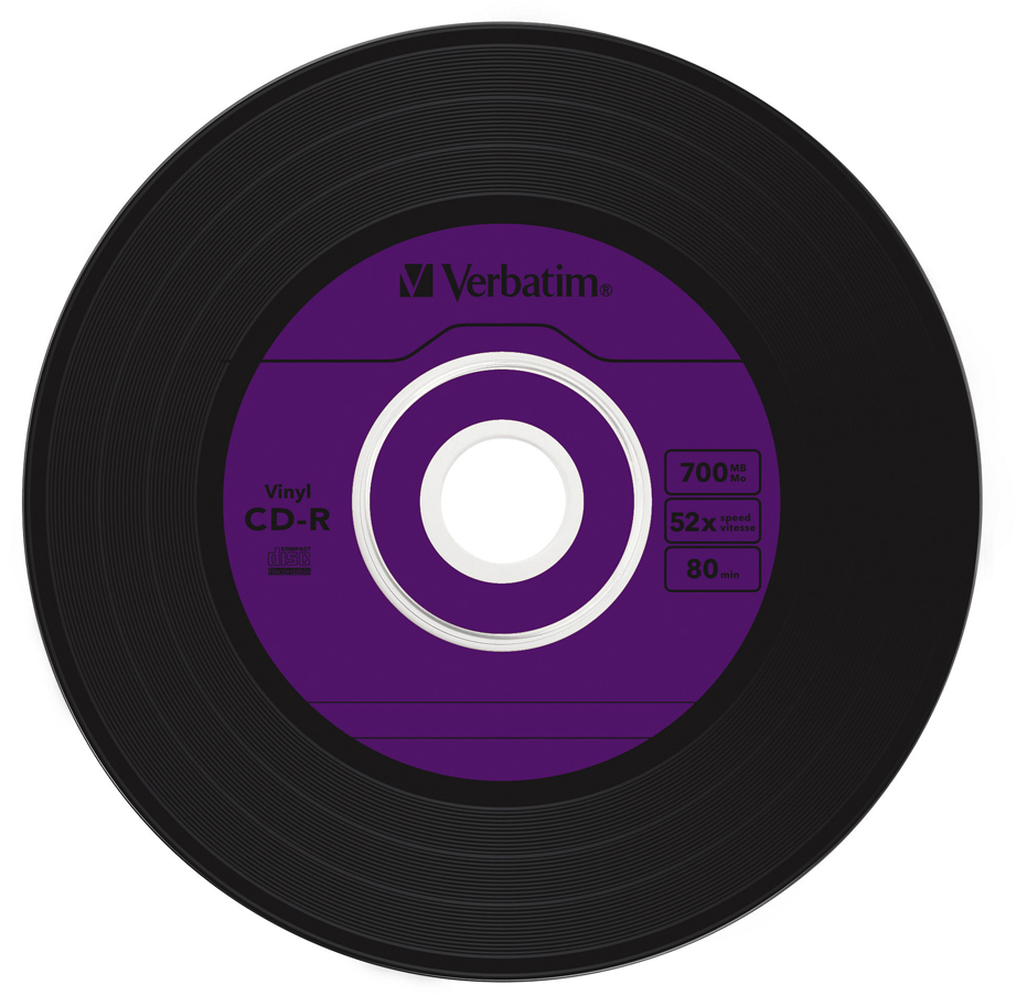 Eine lilafarbene CD-R-Disc. Sie enthält den Text „Verbatim“ und einige technische Informationen.