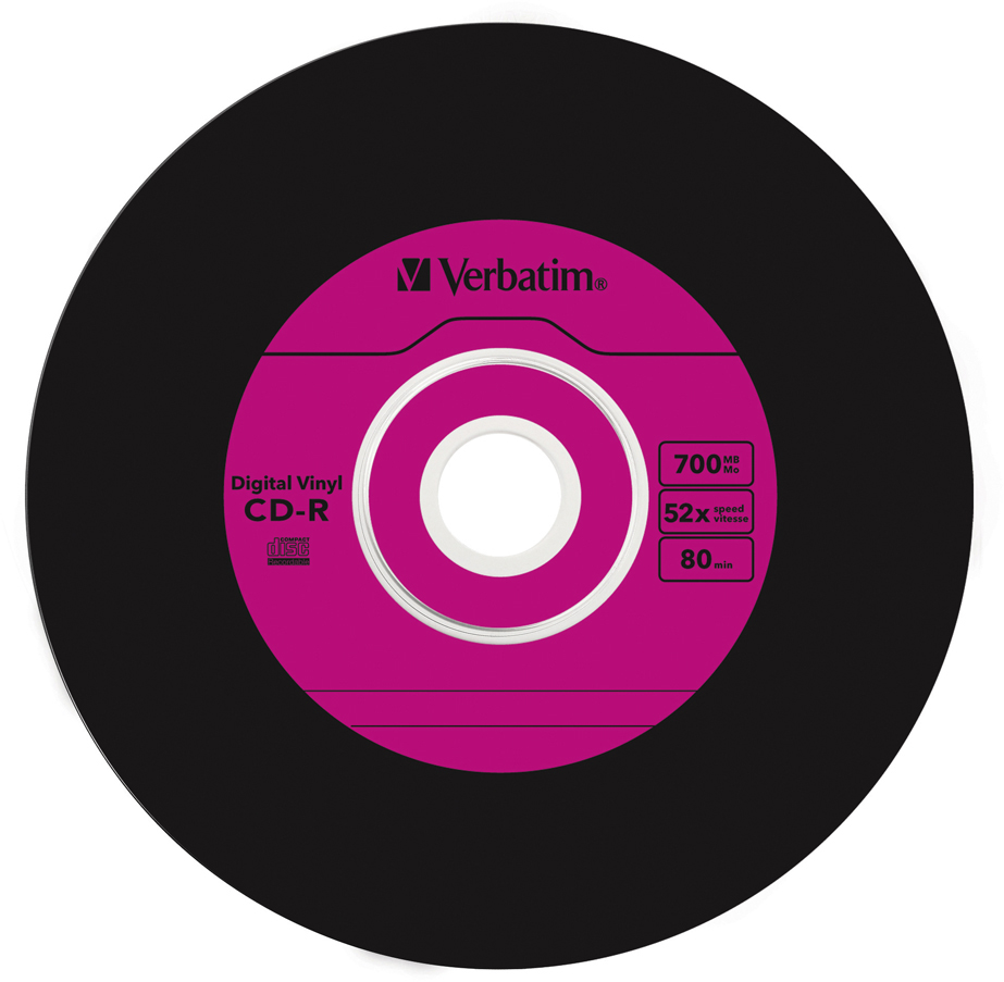 Schwarze CD-R mit pinkfarbenem Mittellabel, weißer Text. Verbatim-Logo. 700MB, 52x Geschwindigkeit, 80 Min. Digital Vinyl CD-R.