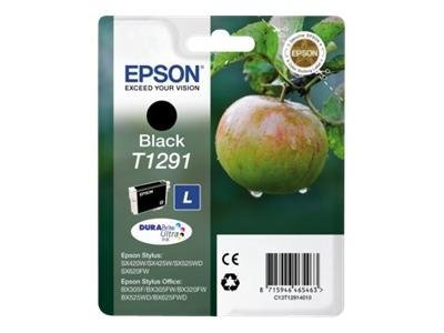 Epson-Tintenpatrone, grün-weiße Verpackung, schwarze Tinte, Apfelgrafik.