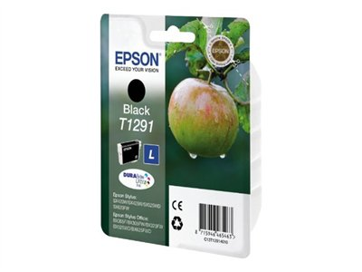 Eine schwarze Epson-Tintenpatrone. Die Verpackung hat ein Apfelbild.