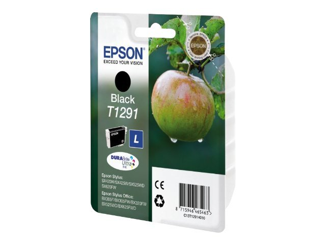 Epson schwarze Tintenpatrone. Schwarze Patrone mit grüner Apfel-Illustration.