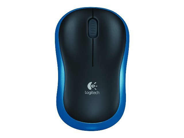 Blaue und schwarze kabellose Logitech-Maus, Draufsicht, auf weißem Hintergrund.