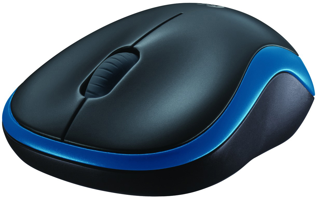 Eine schwarze, kabellose Maus mit blauem Rand und Scrollrad.