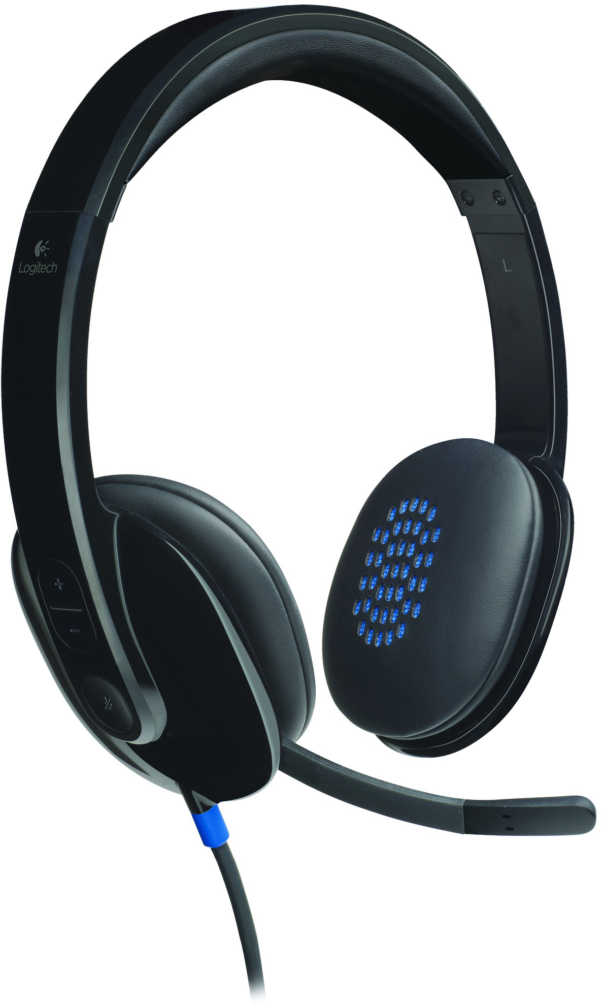 Zwarte Logitech-headset met een microfoon, blauwe kabel en blauwe details.