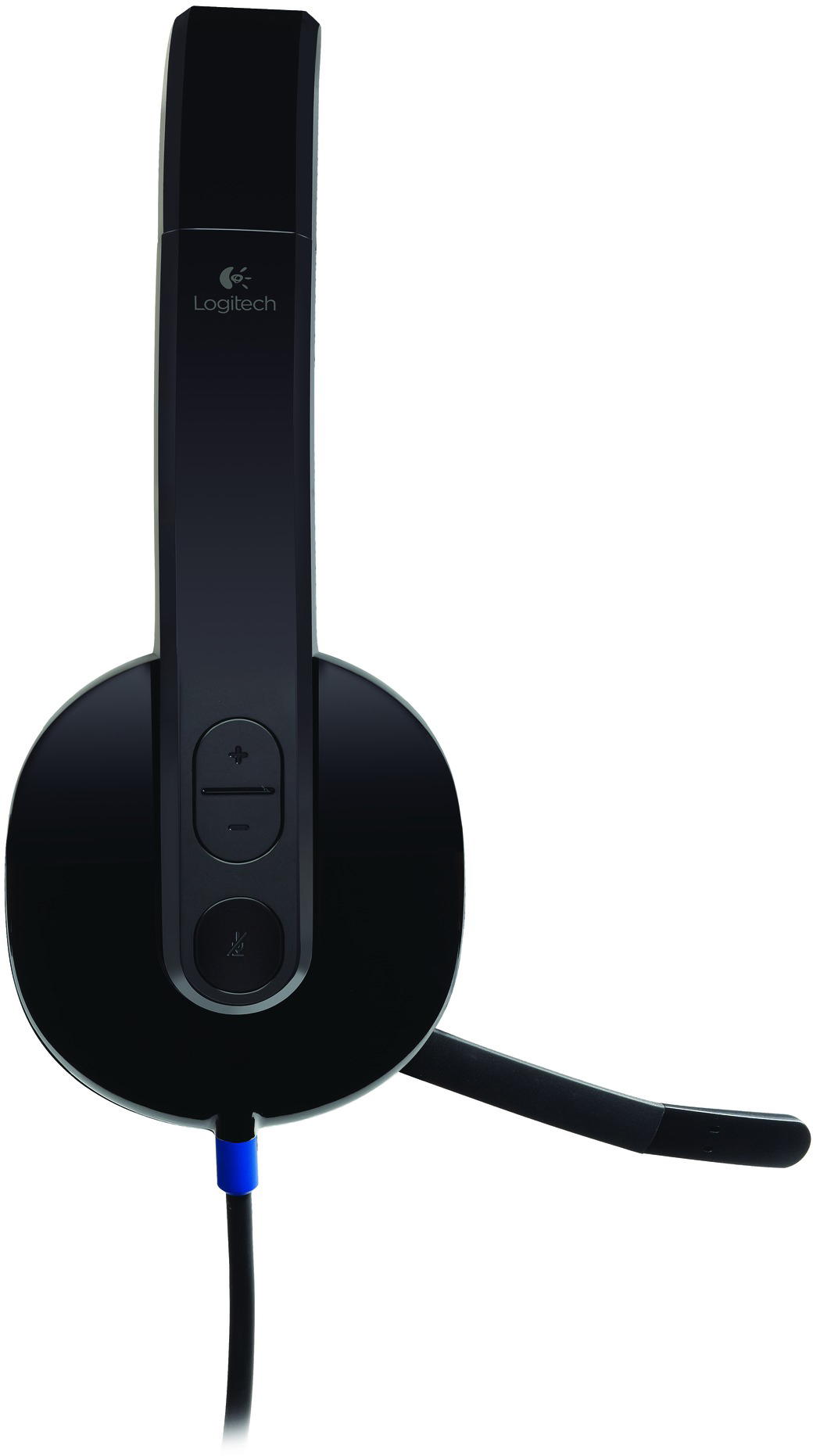Een zwarte Logitech-headset met een microfoon, op een witte achtergrond. De headset is naar links gericht.