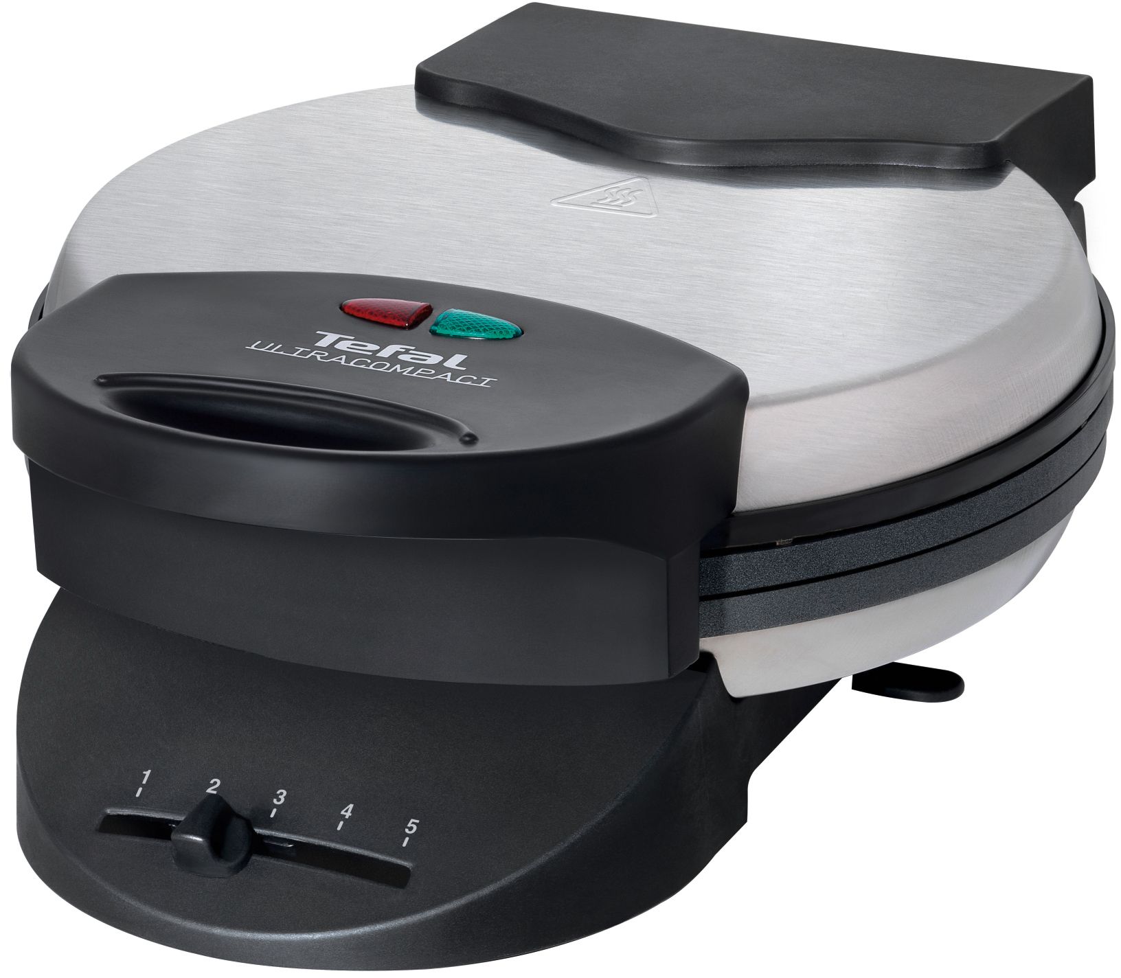 Tefal Waffeleisen, schwarz und silber, mit roten und grünen Lichtern.