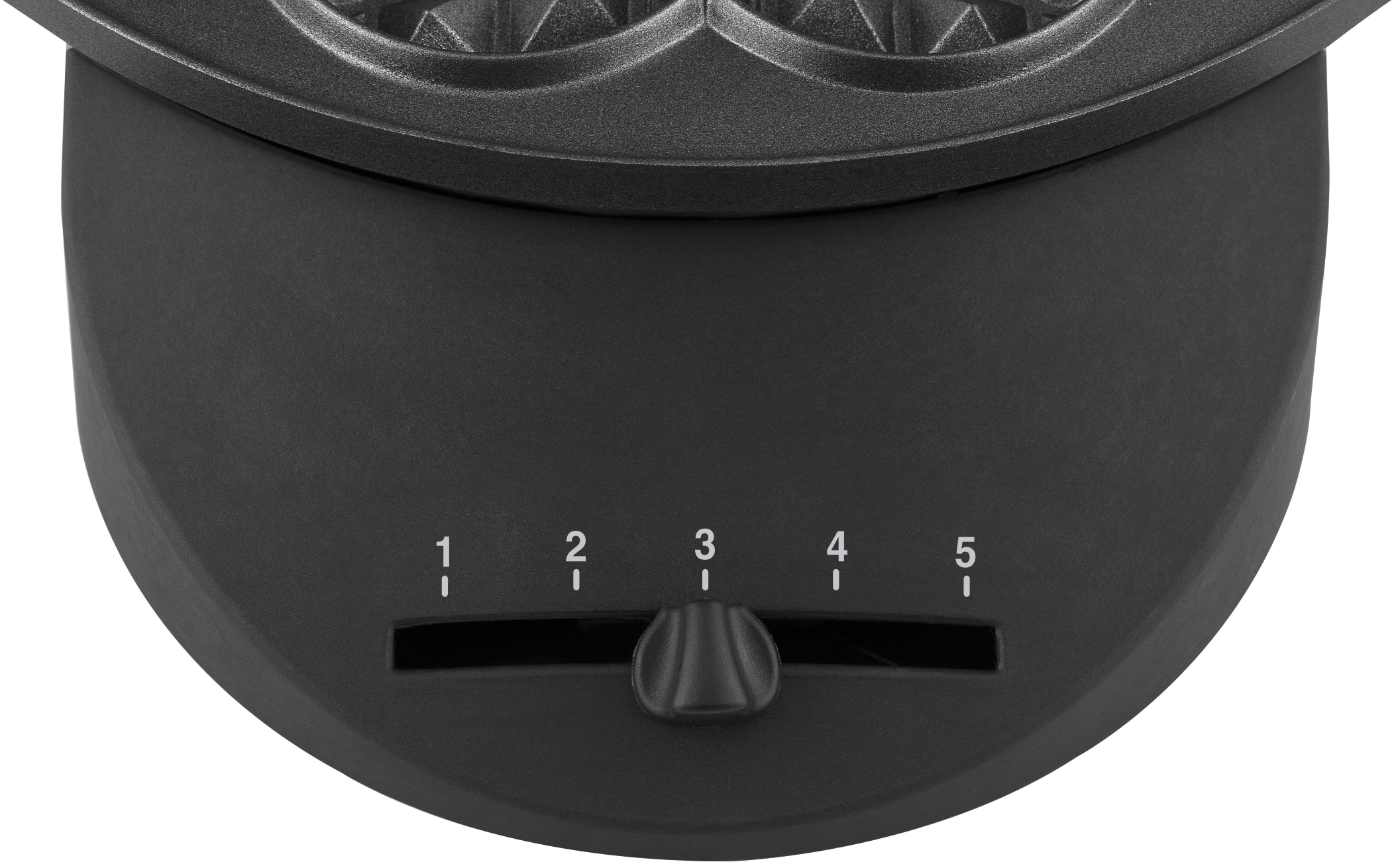 Schwarze Waffeleisenbasis, Nummern 1-5, Drehregler in der Mitte.