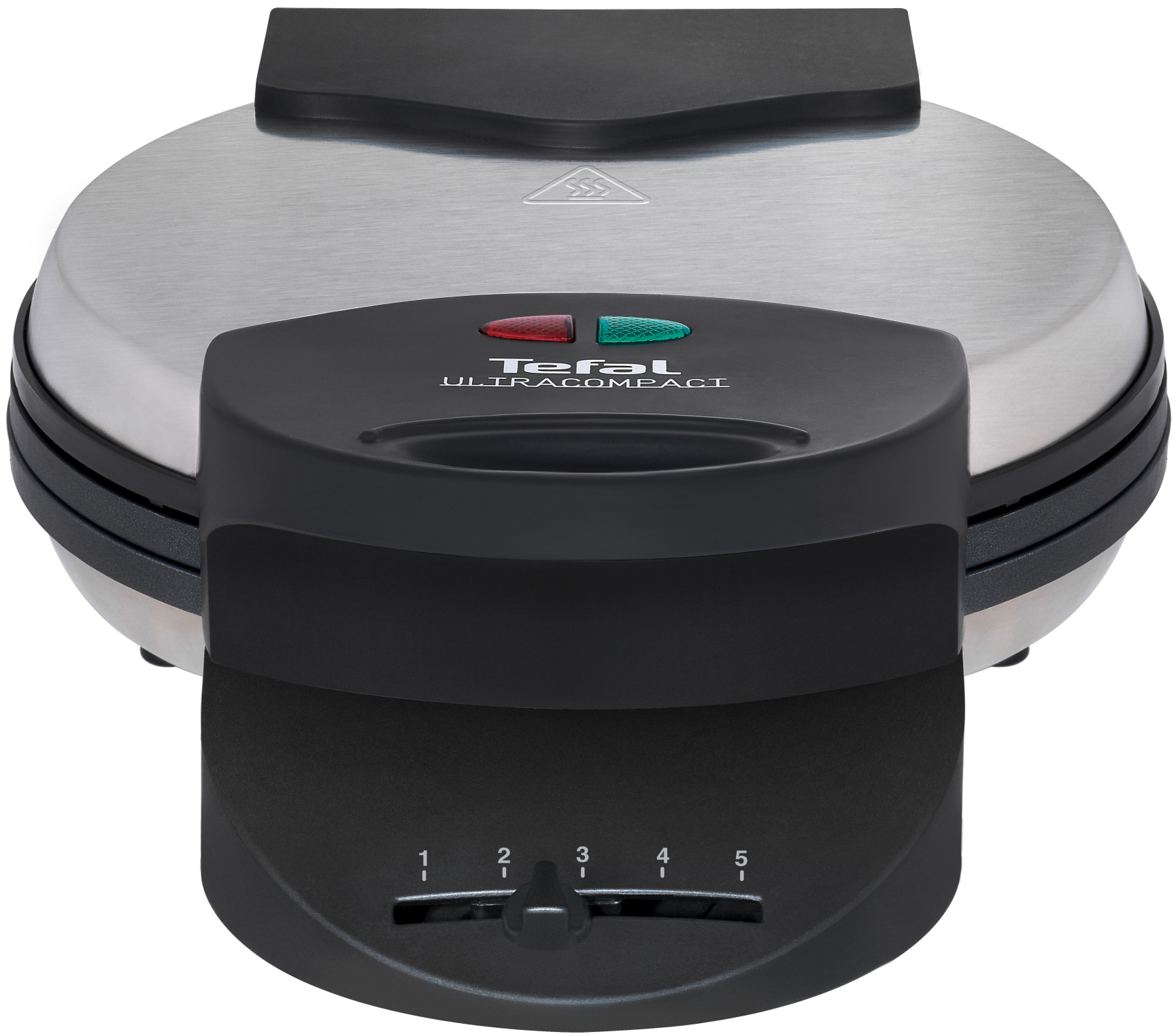 Tefal Ultra Compact Waffeleisen. Schwarz und Silber. Hat einen Drehregler mit Zahlen, rote und grüne Lichter.