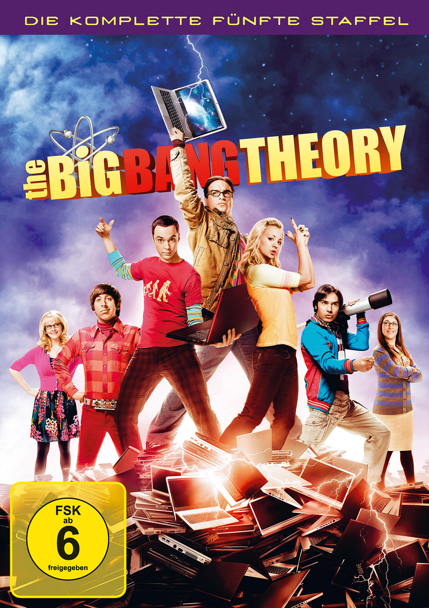 DVD-Box-Art für 'The Big Bang Theory'. Mit der Besetzung in einer Gruppenpose, farbenfrohes Design.