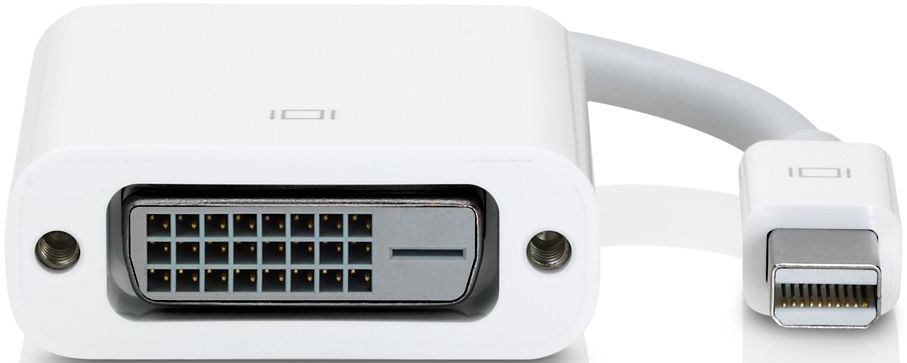 Ein weißer Adapter mit einem DVI-Anschluss an einem Ende und einem kleineren Anschluss am anderen.