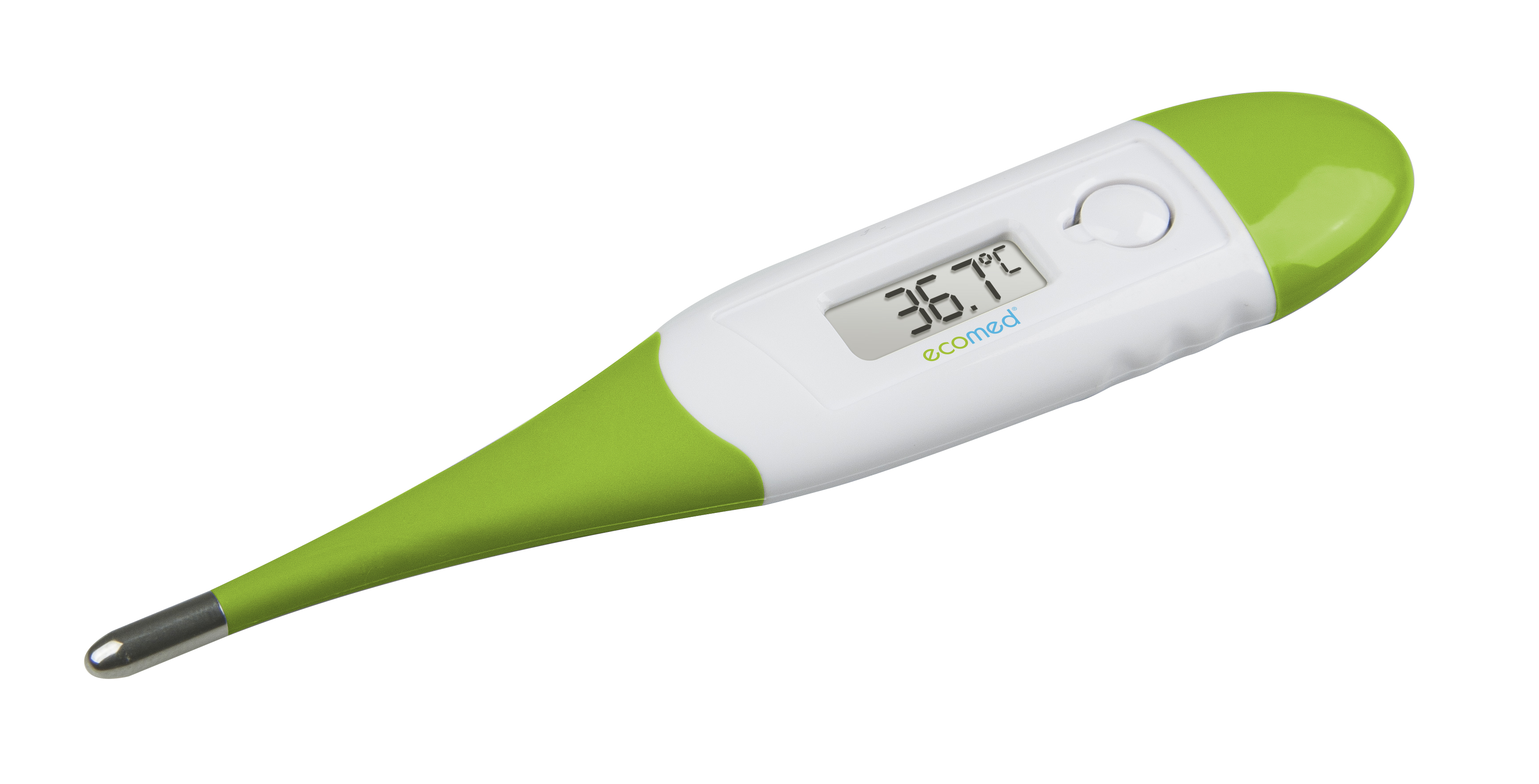 Digitales Thermometer zeigt 36,7 Grad Celsius. Weißer Körper, grüne Spitze.